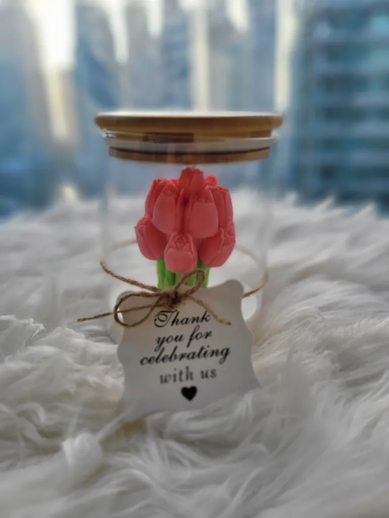 Handmade scented tulip bouquet candle in jar for relax mood, decoration, gifts, giveaways and occasions