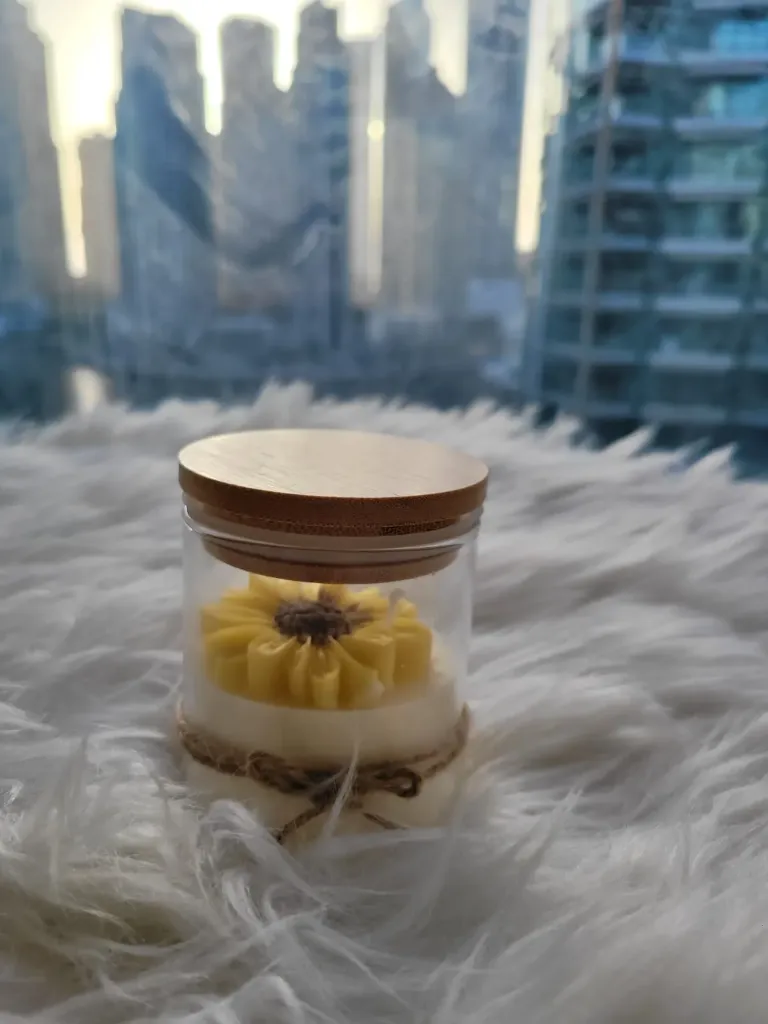 Yellow Daisy flower candle in small  jar